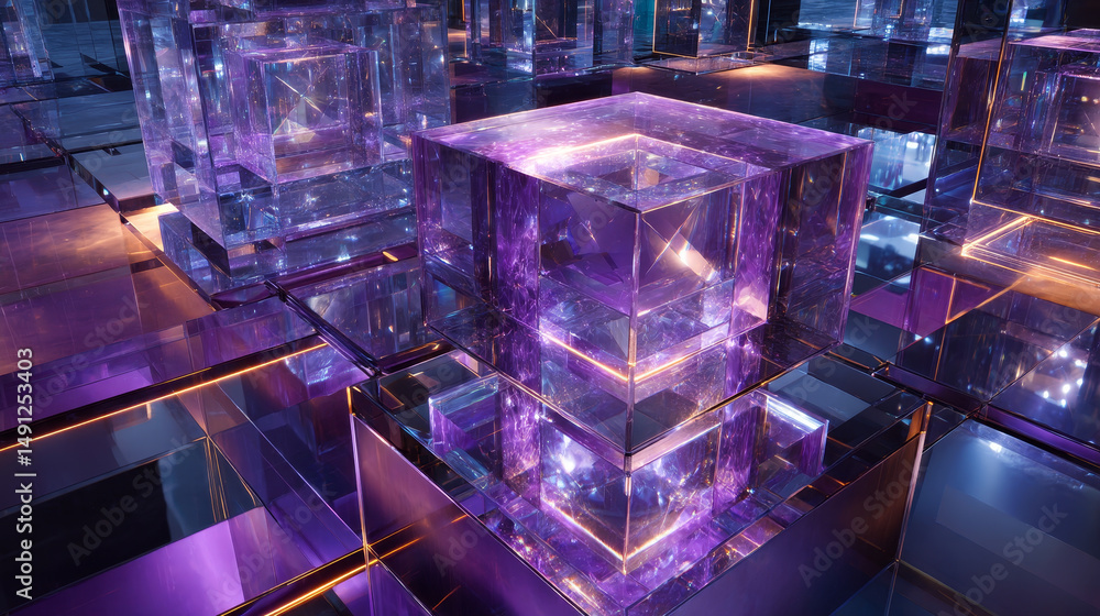 Aufkleber abstract geometric background with pile of crystal cubes or blocks and purple refraction light in pr