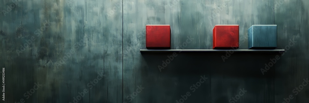 Poster a teal backdrop serves as the foundation for three geometric shapes in red and white, creating a vis