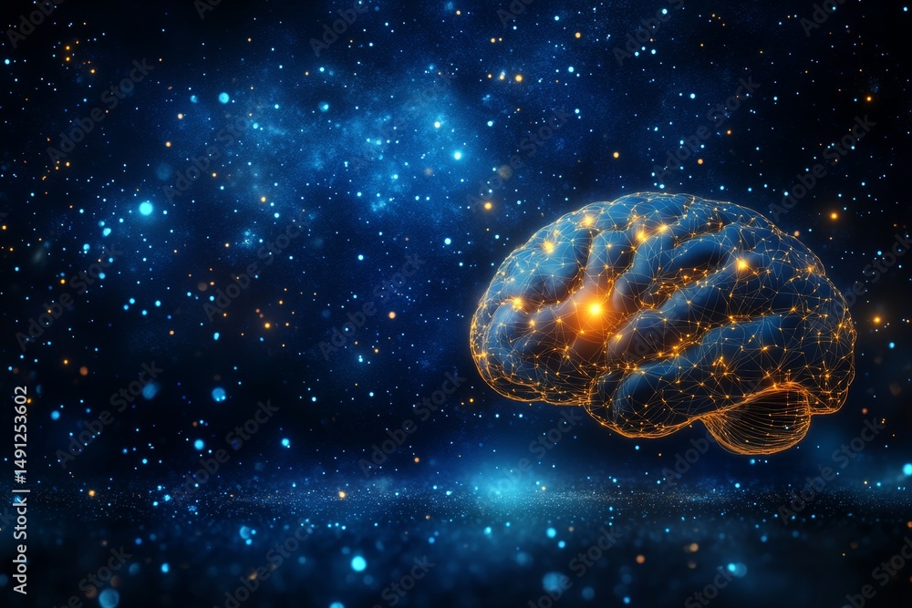 Poster brain: a glowing network - abstract brain’ is a symbol of intelligence, neural pathways, cognitive f