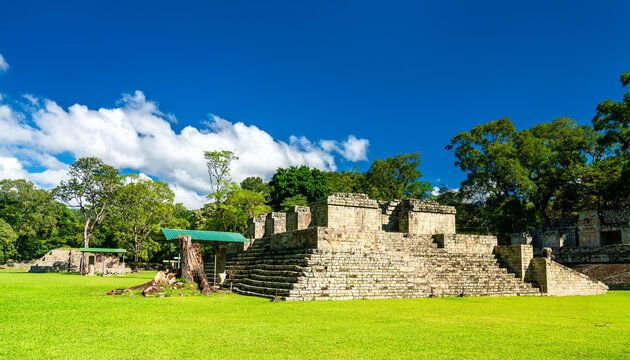 Mayan ballcourt at Copan archaeological site in the Mesoamerican cultural region. UNESCO world heritage in Honduras - Powered by Adobe