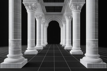 Obraz premium The perspective view of Wireframe Colonnade Hallway showcases a long colonnaded hallway in wireframe set against a black background