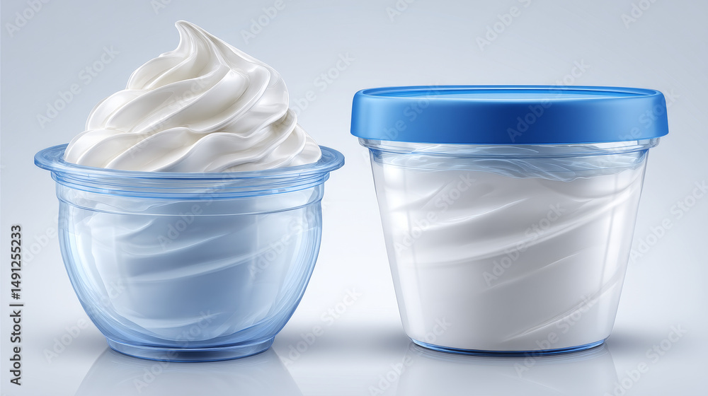 Aufkleber 3d realistic vector icon set. sour cream cup with open lid and without lid. yoghurt box on transpare