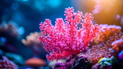 Fototapeta premium Against a softly blurred blue ocean background, a vibrant purple coral branch takes center stage in this breathtaking underwater image