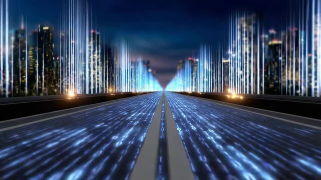 Futuristic cityscape with illuminated pathways leading through a digital landscape.