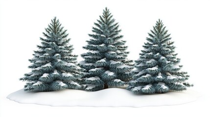 Fototapeta premium Three stylized green trees in a snowy setting form a charming and simple winter wonderland scene, with the trees as the main focus