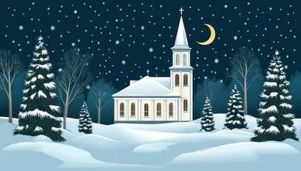 Fototapeta premium The scene of Firefly Church at night is one of serenity, featuring an illuminated church, bare winter trees, and a sky lit by the moon, all combining to create a peaceful atmosphere that symbolizes