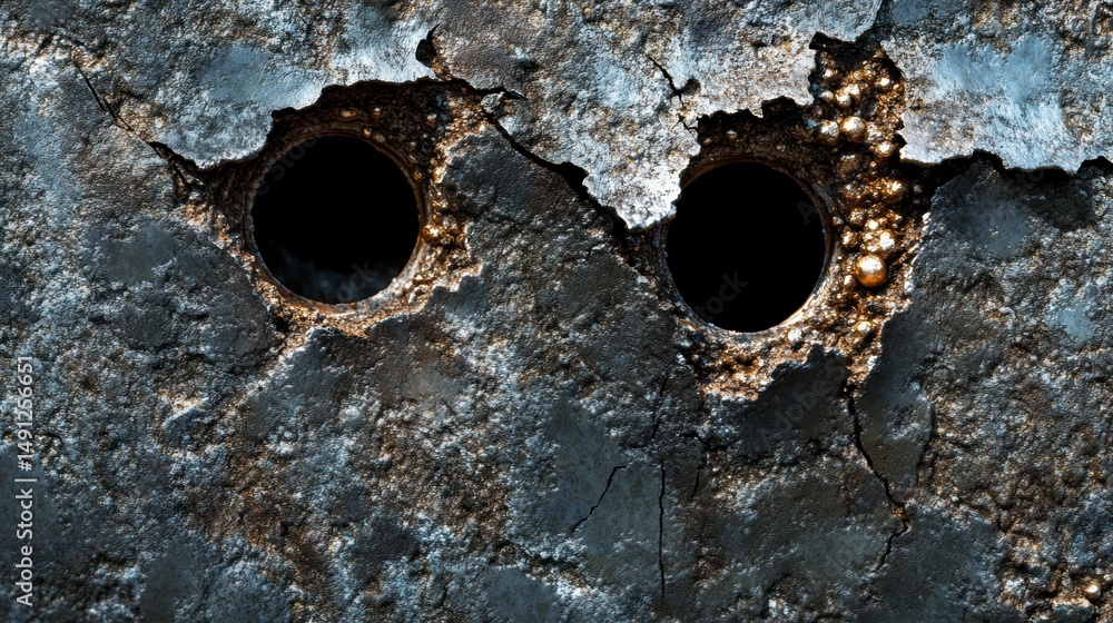 Poster close-up of a weathered, dark gray surface with two circular holes, showing significant texture and 