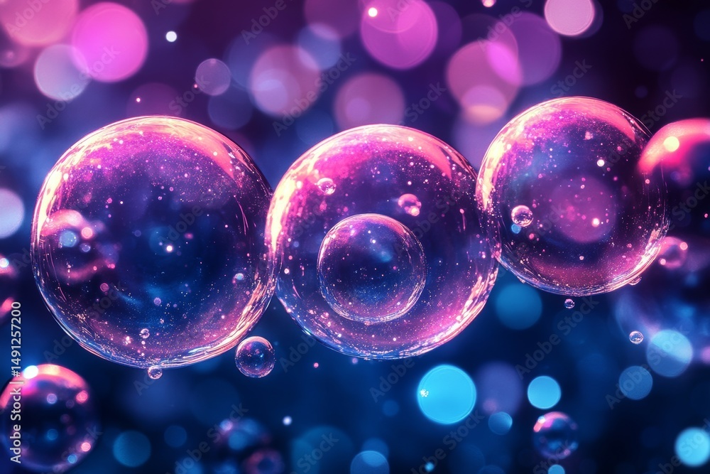 Poster a dark background serves as the canvas for glowing pink and blue bubbles that drift effortlessly, cr