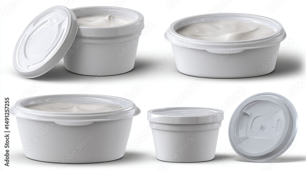 Poster 3d realistic vector icon set. collection on sour cream cups with lid in different orientations. isol