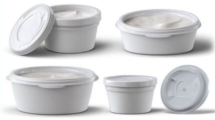 3d realistic vector icon set. Collection on sour cream cups with lid in different orientations. Isolated on white background. Dairy yoghurt product mockup.