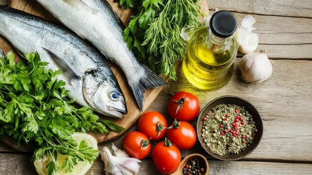 Fresh fish, tomatoes, herbs, and oil arranged on wooden table  