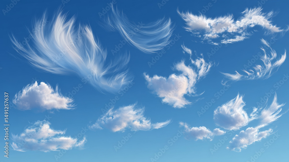 Poster vector realistic collection of clouds on transparent background with cirrus and cumulus clouds.
