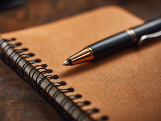 Brown Leather Notebook and Pen on Desk: Creative Spiral Stationery for Office Writing and Planning