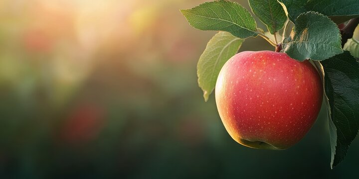 National apple day with red fruit idea. Vibrant red apple hanging on a branch in soft sunlight. - Powered by Adobe