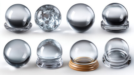 Collection of glass domes. 3d realistic vector icon.  Transparent protective cover. Snow globe or kitchen glassware.