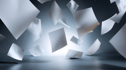 3d set of white paper sheet or bill falling down isolated render icons. Realistic blank curve page flying in air. Mockup empty business file office document, payment receipt or ticket. 3D Illustration