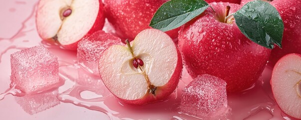 National apple day with red fruit idea. Fresh apples with ice cubes on a pink surface.