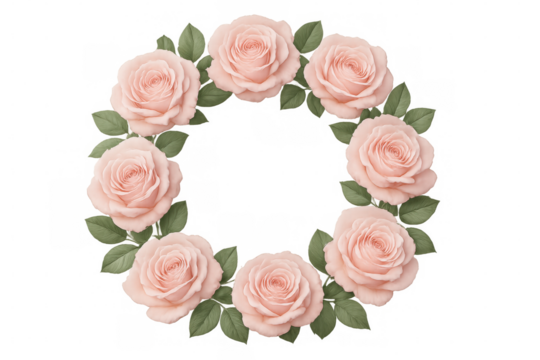 Beautiful pink roses and green leaves creating a perfect circular frame on a transparent background, ideal for romantic projects