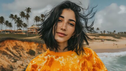 Young Latina Woman with Shoulder Length Black Hair in Yellow Sweater on Beach at Sunset
