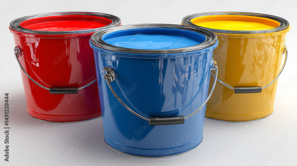 Poster 3d realistic vector icon set. front view of paint plastic bucket with handle red, blue and yellow li
