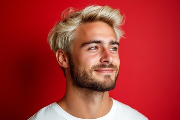 A graceful man with a warm and welcoming smile. Red solid background. Creative of style for aging men. Trendy men's crew cut haircut - midlife white man with blond hair.