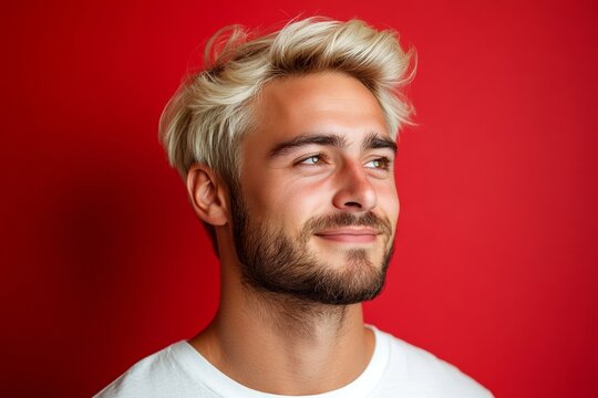 A graceful man with a warm and welcoming smile. Red solid background. Creative of style for aging men. Trendy men's crew cut haircut - midlife white man with blond hair.