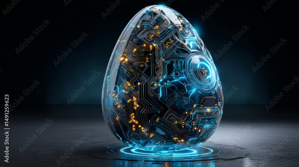 Poster easter egg in tech futuristic style. greeting card with abstract 3d egg with circuit board texture. 