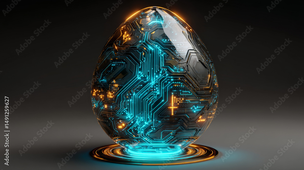 Poster easter egg in tech futuristic style. greeting card with abstract 3d egg with circuit board texture. 