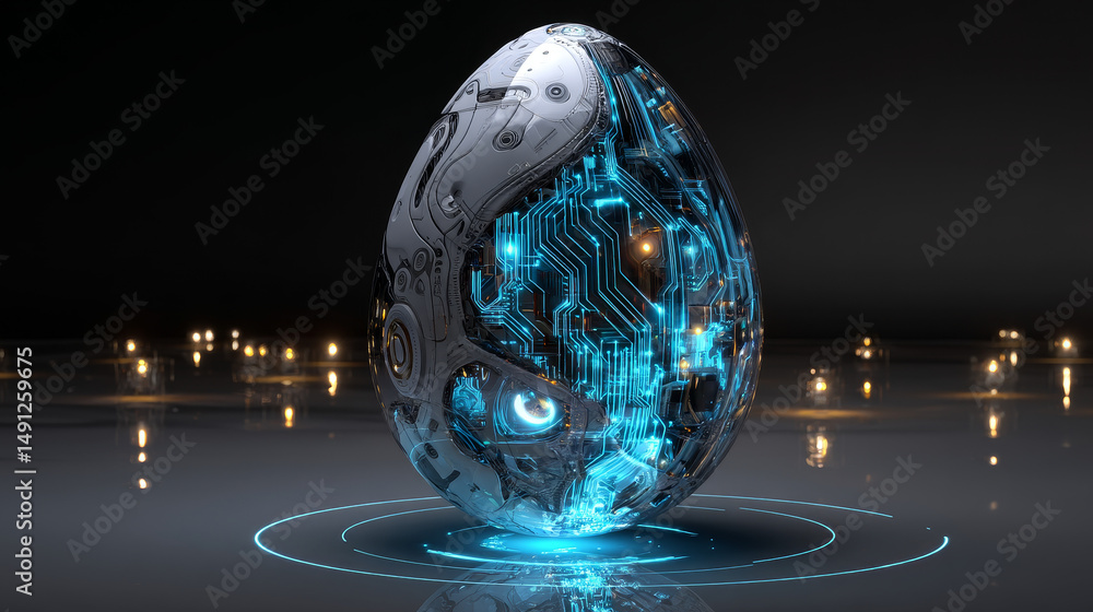 Poster easter egg in tech futuristic style. greeting card with abstract 3d egg with circuit board texture. 