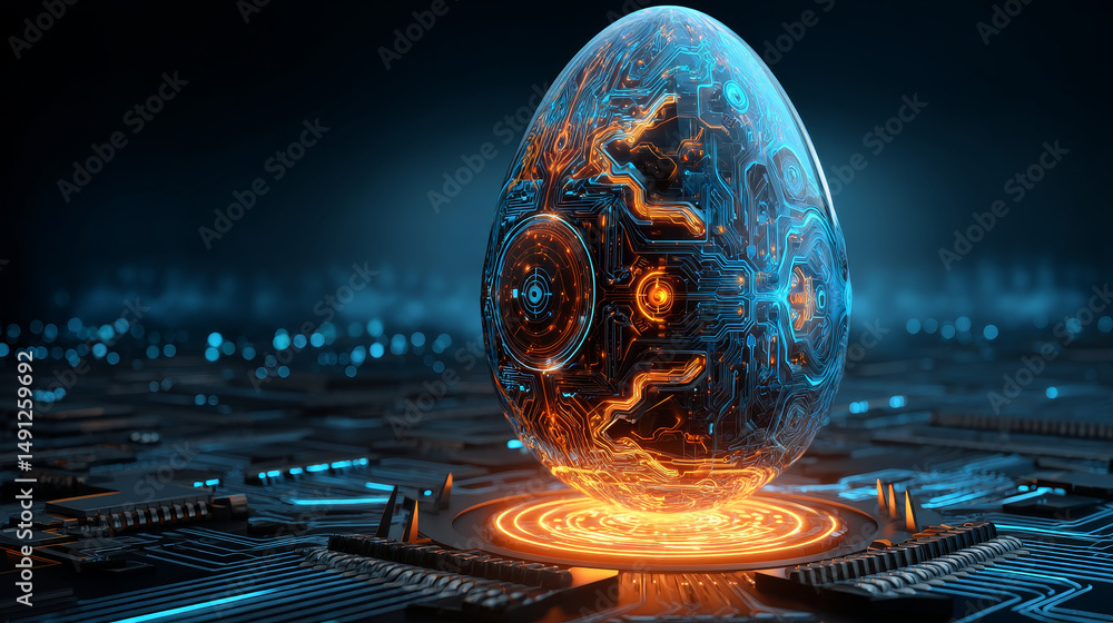 Poster easter egg in tech futuristic style. greeting card with abstract 3d egg with circuit board texture. 