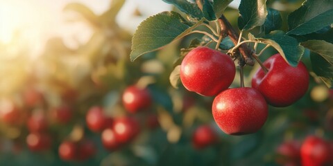 National apple day with red fruit idea. Fresh apples hanging from a tree in a sunlit orchard.