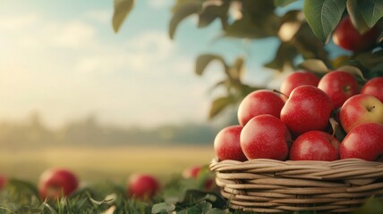 National apple day with red fruit idea. Basket of fresh apples in a scenic outdoor setting.