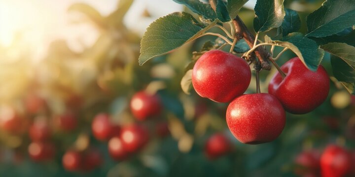 National apple day with red fruit idea. Fresh apples hanging from a tree in a sunlit orchard.