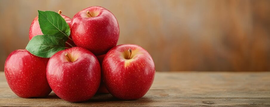 National apple day with red fruit idea. Fresh red apples stacked on a wooden surface.