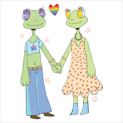 Lesbian couple. Cute two frogs. Freedom, people's rights. Bisexuality. Equality. Pride month. Funny vector illustration.Hand drawn.2 characters.Design for print on clothes, cups, sketchbooks, stickers
