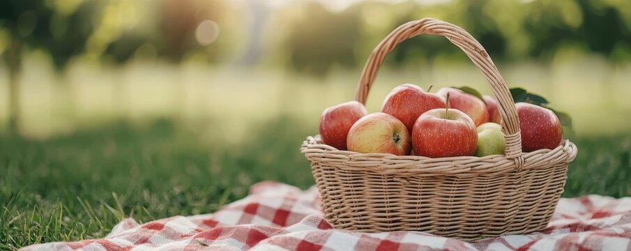 National apple day with red fruit idea. Basket of apples on a picnic blanket in a sunny field.