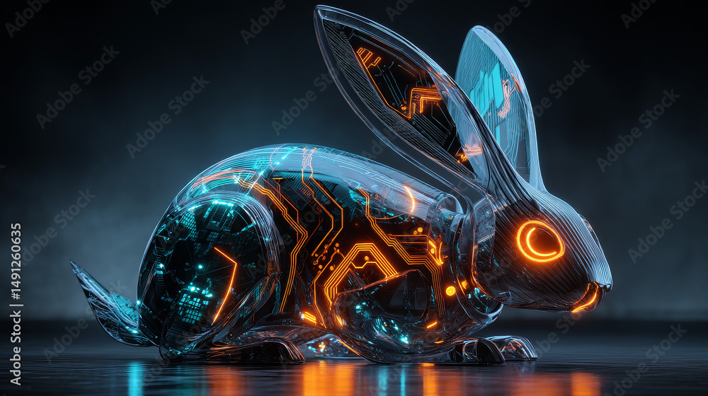 Poster easter neon bunny in a glowing futuristic style. technological greeting card with a holiday. 3d mode