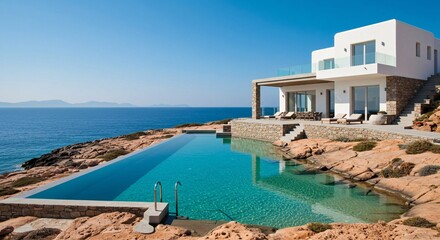 Fototapeta premium Luxurious villa with infinity pool overlooking the Mediterranean Sea on a sunny day