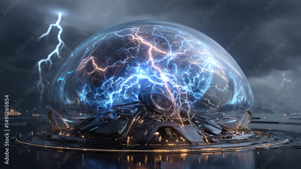 Poster protective shield with lightning in a futuristic style on a dark background with a glowing effect. s