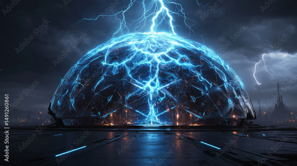 Poster protective shield with lightning in a futuristic style on a dark background with a glowing effect. s