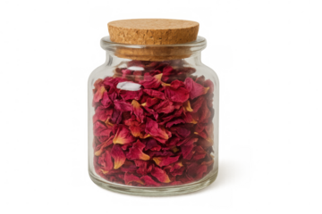Glass jar filled with dried red rose petals, cork-sealed against translucent backdrop