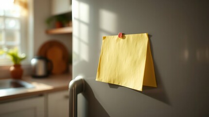 A yellow note is pinned to a gray refrigerator in a sunlit kitchen, awaiting an important message.
