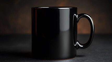 Sleek black ceramic coffee mug on a dark surface mockup for logo placement and design
