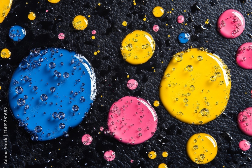 Poster iridescent bubbles are captured in an abstract close-up, symbolizing the dynamic qualities of fluidi