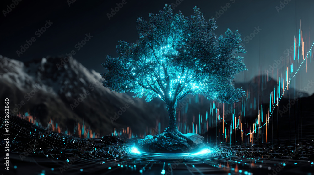 Poster digital tree on the background of a graph with numbers in a futuristic polygonal style. concept of c
