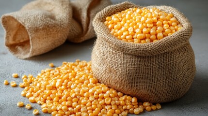 Golden Split Peas in Burlap Sack, Rustic Harvest Abundance