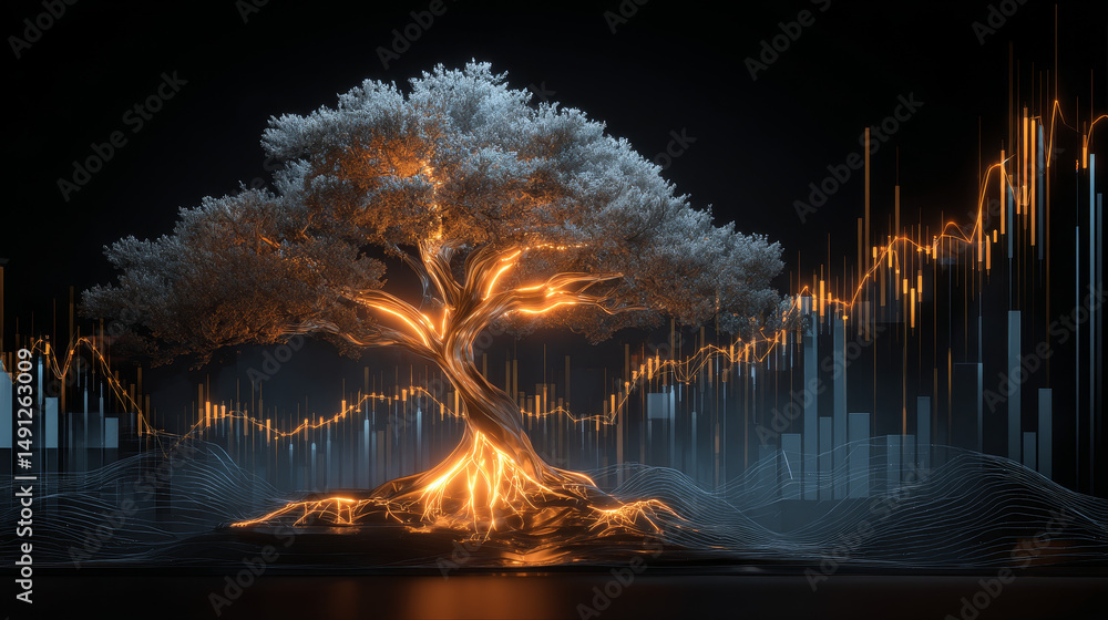 Poster digital tree on the background of a graph with numbers in a futuristic polygonal style. concept of c