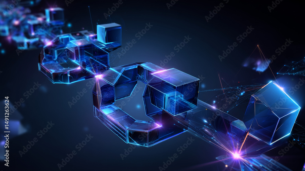 Poster blockchain technology in a futuristic polygonal style. cryptocurrency development concept on blue ba