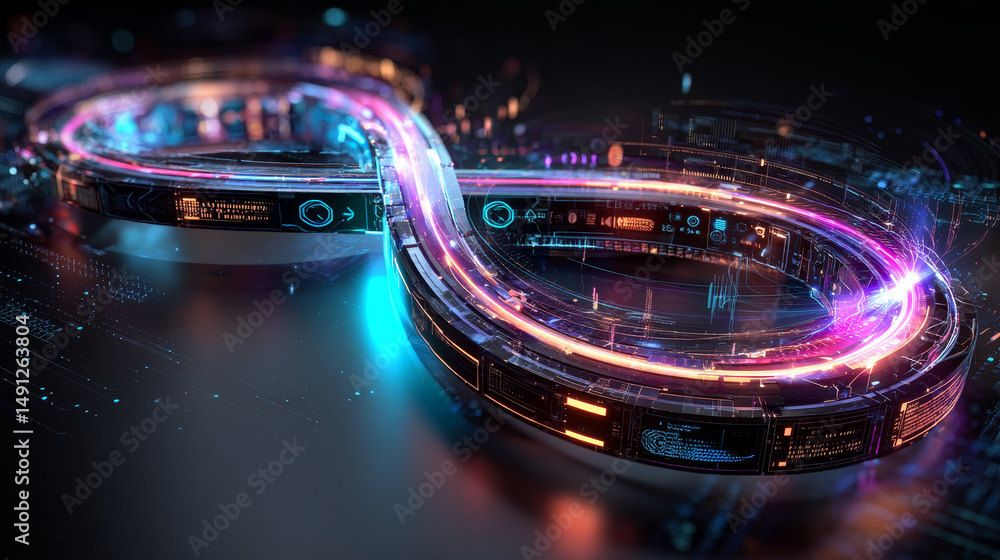 Poster devops in a futuristic digital style. the infinity sign as a symbol of the software development life