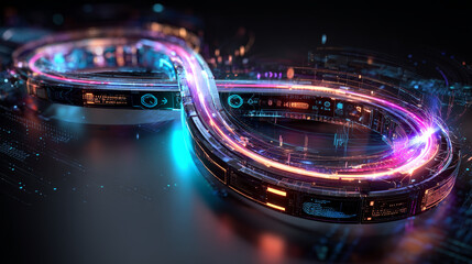 DevOps in a futuristic digital style. The infinity sign as a symbol of the software development life cycle. Isometric vector illustration with light effect and neon.